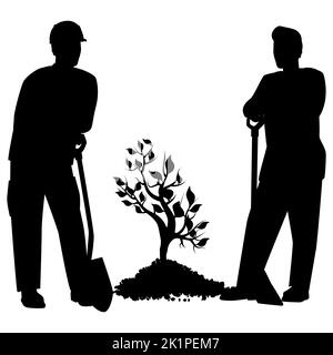 Silhouetten von zwei Männern in Arbeitskleidung mit Schaufeln stehen neben dem jungen Sämling im Erdhaufen, isoliert auf Weiß. Vektordesign-Element. Stock Vektor
