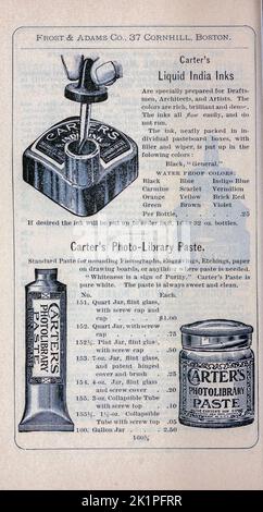 Liquid India Ink aus dem Beschreibenden Katalog von Künstlermaterialien, Zeichnungsunterlagen, Tracing-Tuch und mathematischen Instrumenten. Von Frost & Adams Co. Erscheinungsdatum 1898 Stockfoto