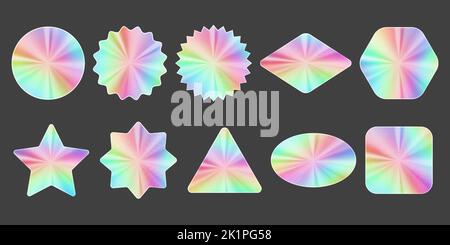 Holographisches Sticker-Set. Gradientenstempel mit silbernem Etikett. Abzeichen mit Metallstruktur. Schillernde Regenbogenfolie in verschiedenen geometrischen Formen. Vector Neon Stock Vektor