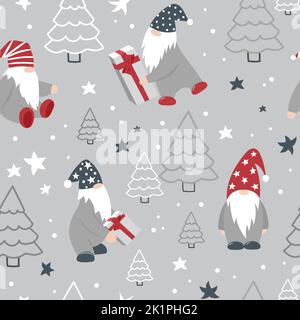 Niedliches Weihnachtsmuster mit Zwergen, Weihnachtsbäumen und Geschenken. Nahtloses Muster. Stock Vektor
