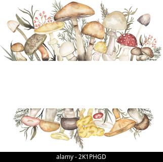Aquarell Pilz Rahmen, Herbststrauß mit Waldblättern, Ästen und Pilzen . Pilzkranz mit Blumendruck. Stockfoto