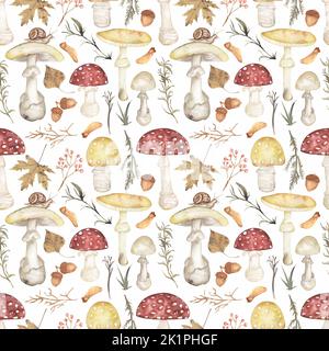 Aquarell Pilz nahtloses Muster, Herbst Ornament mit Waldblättern, Ästen und Pilzen auf weißem Hintergrund. Pilzpapier mit Blumendruck. Stockfoto