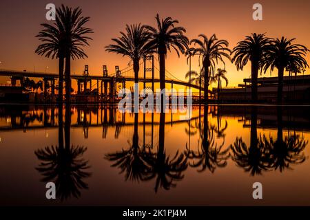 Die Silhouette der Palmen am Ufer spiegelt sich symmetrisch auf dem Wasser bei einem schönen orangefarbenen Sonnenuntergang Stockfoto