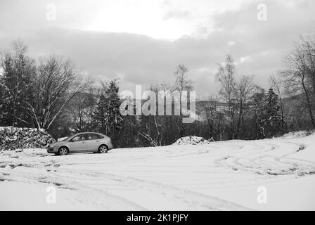 Ein graues Auto, das auf einer Spur durch einen schneebedeckten weißen Wald fährt Stockfoto