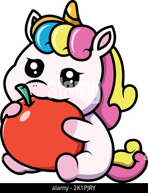 Eine entzückende digitale Illustration eines niedlichen Regenbogeneinhorns, das einen saftigen roten Apfel isst Stock Vektor