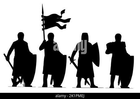 Mittelalterliche Ritter Silhouette Zeichnung. Set mit Kreuzritzern. Templer und Ritter Hospitalier. Stockfoto