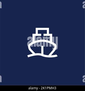 Ein weißes Yacht-Schiff mit einem Deichsellogo isoliert auf einem blauen Hintergrund Stock Vektor