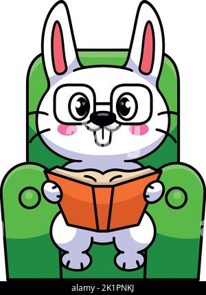 Ein süßes Kawaii-Kaninchen liest ein Buch auf einem Stuhl Stock Vektor