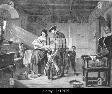 Die Rückkehr nach Hause, der Vater kommt von einer längeren Reise zurück und wird von der Familie begrüßt, 1869, Frankreich / die Heimkehr, der Vater kommt von einer langen Reise zurück und wird von der Familie begrüßt, 1869, Frankreich, Historisch, digital restaurierte Reproduktion einer Originalvorlage aus dem 19. Jahrhundert, genau Originaldatum nicht bekannt / historisch, digital verbesserte Reproduktion eines Originals aus dem 19.. Jahrhundert Stockfoto