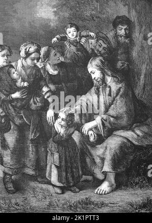 Jesus Christus segnet die Kinder, nach einem Motiv von Rembrandt / Jesus Christus segnet die Kinder, nach einem Motiv von Rembrandt, Historisch, digital restaurierte Reproduktion einer Originalvorlage aus dem 19. Jahrhundert, genau Originaldatum nicht bekannt / historisch, digital verbesserte Reproduktion eines Originals aus dem 19.. Jahrhundert Stockfoto