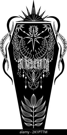 Ikone der mystischen Objekte, Mond, Sarg, Kristalle, Planeten. Astrologischer Doodle-Stil. Esoterische, boho mystische handgezeichnete Elemente. Magie und Zauberei. vec Stock Vektor