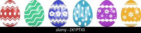 Vektor-Set für Ostereier. Gefärbte Eier mit unterschiedlichen Mustern auf weißem, isoliertem Hintergrund. Sechs Ostereier in rot, grün, blau, cyan, magenta, Gelb. Stock Vektor
