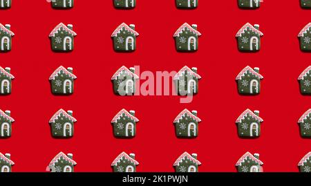 Roter Winter Kunst Hintergrund. Haus nahtloses Muster. Einrichtung für Weihnachtsfeiern. Grün weiß Märchen Hause festliche Komposition isoliert auf hell. Stockfoto