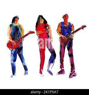 Aquarell handgezeichnete Illustration: Musikalische Rockband, zwei Personen mit Gitarren und ein Mann mit Mikrofon Stockfoto