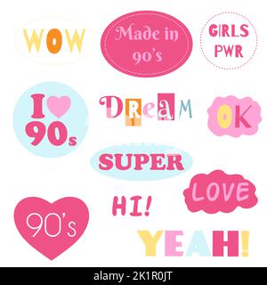 Mode Sammlung von Sticker girly 90s. Vektor-Illustration von handgezeichneten Patches, Pins in rosa Farbe. Nostalgie 1990. Stock Vektor