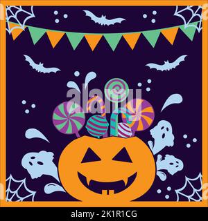 Halloween Kürbis Korb voller Süßigkeiten und Süßigkeiten auf violettem Hintergrund Stock Vektor