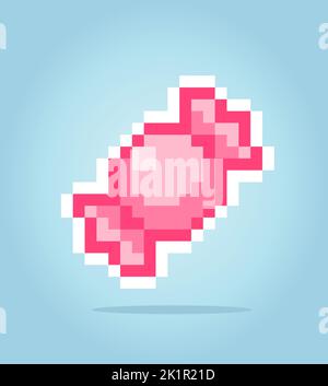 8-Bit-Pixel-Süßigkeiten. Lebensmittel für Spielelemente in Vektorgrafik. Stock Vektor