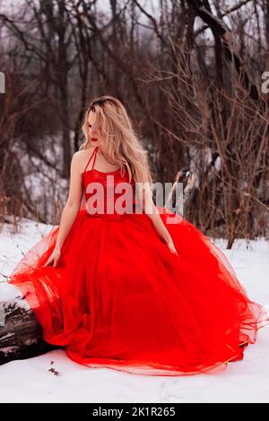 Die wunderschöne Blondine in einem luxuriösen roten Kleid sitzt auf einem Baumstamm in einem verschneiten Wald Stockfoto