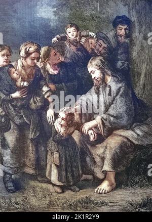 Jesus Christus segnet die Kinder, nach einem Motiv von Rembrandt / Jesus Christus segnet die Kinder, nach einem Motiv von Rembrandt, Historisch, digital restaurierte Reproduktion einer Originalvorlage aus dem 19. Jahrhundert, genau Originaldatum nicht bekannt / historisch, digital verbesserte Reproduktion eines Originals aus dem 19.. Jahrhundert Stockfoto