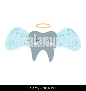 Handgezeichnete tote Karies Zahn Charakter in Cartoon-flachen Stil. Vektor-Illustration von ungesunden Zähnen in den Himmel, Zahnpflege-Konzept, Mundhygiene. Stock Vektor