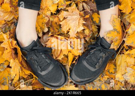 Draufsicht auf lässige Frau schwarze Sneaker im Herbstlaub Stockfoto