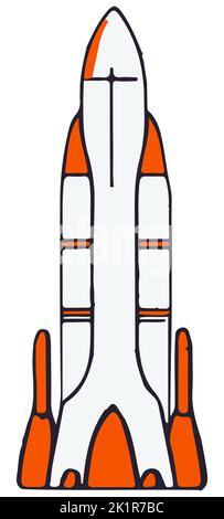 Cartoon-Weltraumrakete mit orange weißem Körper, isoliert auf weiß. Grober Skizzenstil. Vektordesign-Element. Stock Vektor