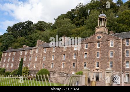 Ein Dorf aus dem 18.. Jahrhundert in New Lanark, Schottland, Großbritannien, das zum UNESCO-Weltkulturerbe gehört. Stockfoto