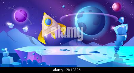 Alien Planet Landschaft für Raum Spiel Hintergrund. Dunkler Himmel mit blau leuchtenden Kristallsteinen, Raketen- und Oberflächenplaneten und Galaxien im Sonnensystem. Fantastische Kosmos Vektor Cartoon Illustration. Stock Vektor