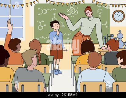 Flacher Chemielehrer und Schülerjunge stehen an der Tafel im Klassenzimmer mit Tisch, Laborflaschen und Tafel. Cartoon Frau Pädagogin unterrichtet Studenten in der Klasse. Stock Vektor