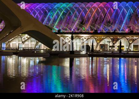 Die Baldachin der Umbracle-Gärten, die in verschiedenen Farben beleuchtet wurden, spiegelte sich im September in der Stadt der Künste und Wissenschaften in Valencia, Spanien, im Wasser wider Stockfoto