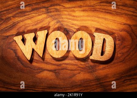 Wort „Holz“ - Inschrift aus Holzbuchstaben aus nächster Nähe Stockfoto