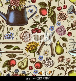 Gartenarbeit nahtlose Muster Hintergrund-Design. Gravierte Ausführung. Handgezogene Gießkannen, Äpfel, Kirschen, Rosen, Birnen, Schaufel, Rechen, Scheren, Kamille Stock Vektor
