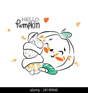 Hallo Kürbis, handgeschriebene Zitate, niedliche Illustration mit lustigen Kürbis mit Pilzen und Eicheln, Doodle-Stil Zeichnung Stock Vektor