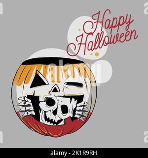 Happy Halloween, handgeschriebene Zitate, Kürbis mit Totenkopf innen, Doodle-Stil Zeichnung auf grauem Hintergrund Stock Vektor
