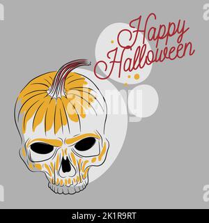 Happy Halloween, handgeschriebene Zitate, Kürbis in Form eines Totenschädels, Doodle-Zeichnung auf grauem Hintergrund Stock Vektor