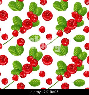 Nahtloses Muster mit roten Beeren und grünen Blättern auf weißem Hintergrund. Hintergrund mit Preiselbeere für Stoff, Tapete oder Verpackung. Vektor Stock Vektor
