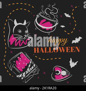 Happy Halloween, Zauberset, Zauberkessel, Katze, Zauberbuch, doodle Stil Zeichnung auf dunklem Hintergrund Stock Vektor