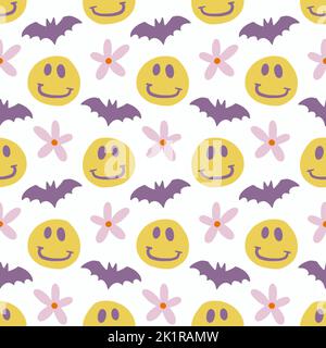 Groovige Halloween Nahtloses Muster mit Lächeln Gesichter Emotion Stock Vektor
