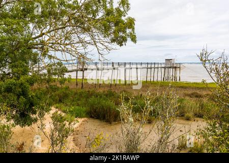 Le Carrelet werden die Fischerhütten auf Stelzen an der Mündung der Gironde genannt. Goulée, Lesparre-Médoc, Frankreich Stockfoto