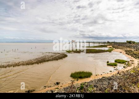 Le Carrelet werden die Fischerhütten auf Stelzen an der Mündung der Gironde genannt. Goulée, Lesparre-Médoc, Frankreich Stockfoto