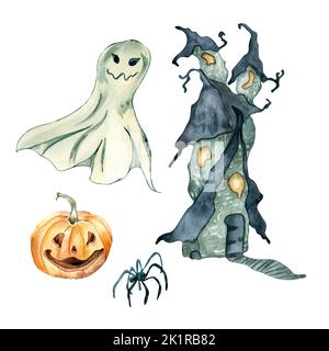 Halloween-Set von krummen Haus Aquarell Illustration isoliert auf weiß. Spukturm, niedlicher Geist, Cartoon-Kürbis, Spinne von Hand gezeichnet. Designhelmen Stockfoto