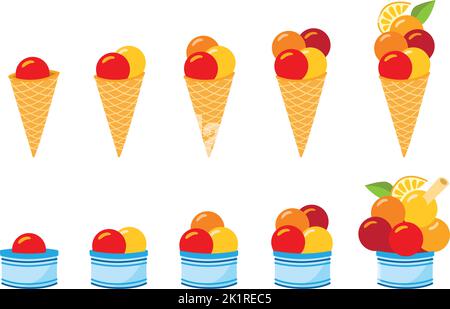 Isolierte Vektorgrafik Darstellung von köstlichen Eiszapfen und blauen Eisbecher in verschiedenen Größen mit Eisschaufeln Stock Vektor