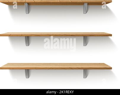 Realistische Holzregale. Heim- oder Büromöbel. An der Wand hängende Gegenstände im Innenraum. Leere Vitrine. Messestand mit Schatten. Naturholz Stock Vektor