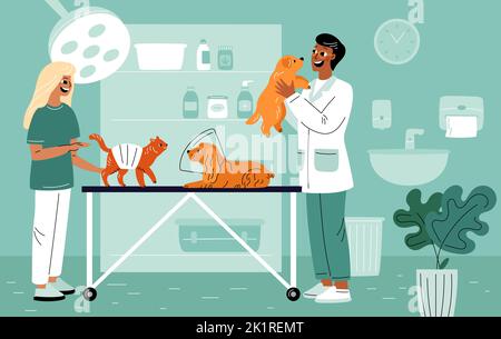 Tierarzt Termin. Cartoon Menschen und Haustiere. Tierchirurgie. Tierarzt, der Patienten untersucht. Inspektion von Welpen. Tierklinik. Katze oder Hund Stock Vektor