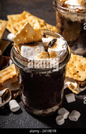Dunkle Schokolade Schmores Tasse Kuchen Dessert, schnelle einfache Rezept Backen in der Mikrowelle, Lavakuchen, Brownie mit Marshallows und graham Cracker in einem Glas Stockfoto