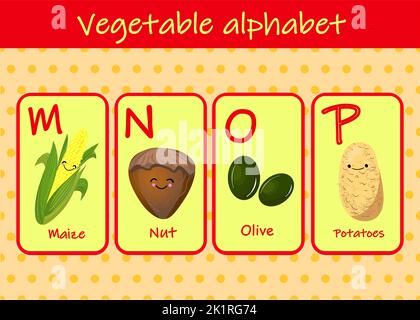 Illustration mit lustigen Figuren. Kinderschrift im Cartoon-Stil GEMÜSE . Satz von bunten hellen Buchstaben für Inschriften UND TRAINING Stock Vektor