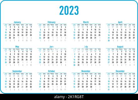 2023-Jahres-Kalender auf weißem Hintergrund. Vektorgrafik Stock Vektor