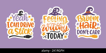 Set von Halloween Hexe handgezeichneten niedlichen Schriftzügen Phrasen Stock Vektor