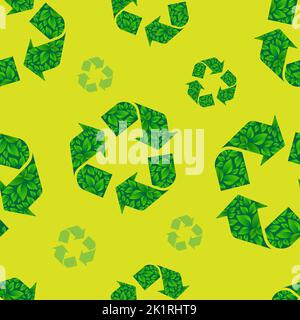 Recycling-Muster. Nahtloses Ökologie-Muster mit grünen Recycling-Zeichen isoliert auf einem grünen Hintergrund. Hintergrund zum Weltumwelttag. Stock Vektor