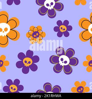 Frohe Halloween. Lustige Vektor-Illustration mit gruseligen Toten Blumen. Niedliche handgezeichnete Blumen mit Totenkopf-Gesicht und Fledermaus-Flügeln auf einem violetten und weißen Rücken Stock Vektor
